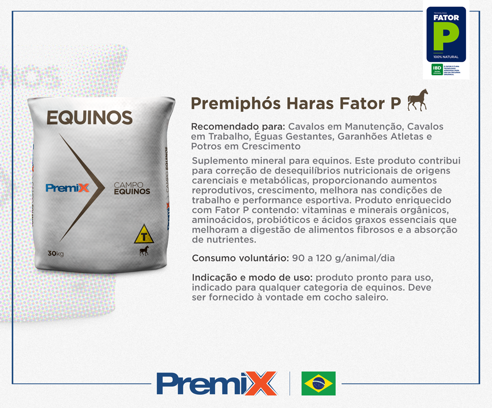 Saiba tudo sobre sal mineral para cavalo! 5 Saco branco de sal mineral para cavalo da Premix, Premiphós Haras Fator P.